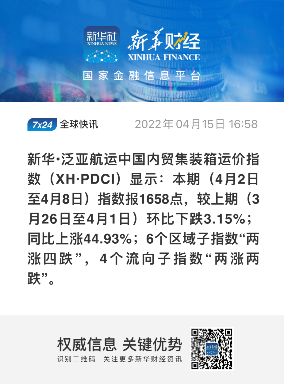 新华·泛亚航运中国内贸集装箱运价指数（XH·PDCI）2022年4月2日至4月8日