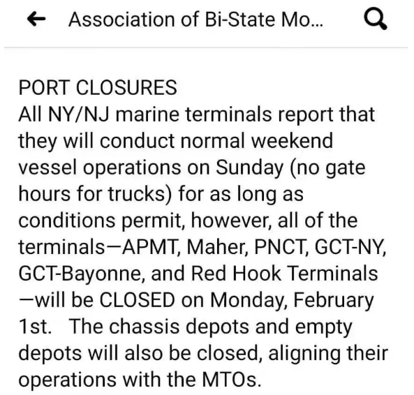 出货注意！美东遭暴风雪侵袭进入紧急状态，码头关闭暂停运营；美西将持续拥堵到2月中下旬