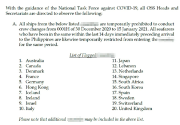 菲律宾禁止到访这20个国家/地区的船员换班! 包括中国香港