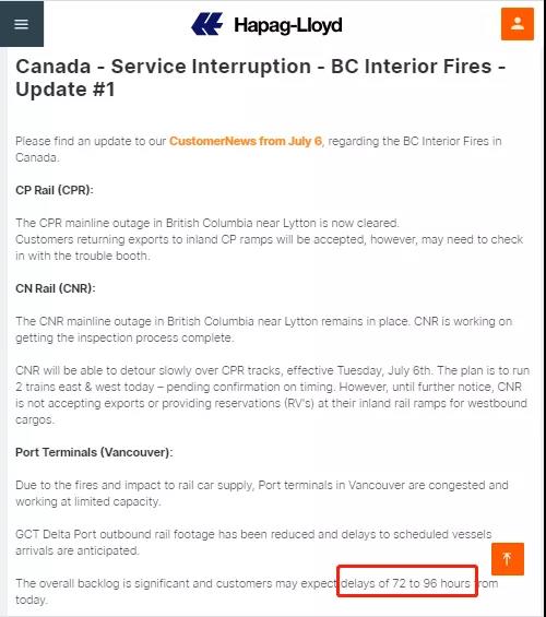北美山火引发供应链中断风险，船公司发布96小时延误提醒