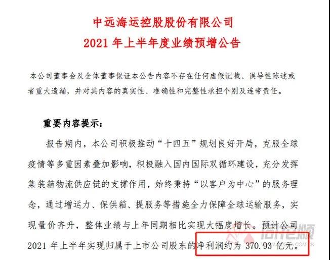 370亿！中远海控业绩炸裂 半年赚的钱比过去3年还多一倍 股价更是一年10倍