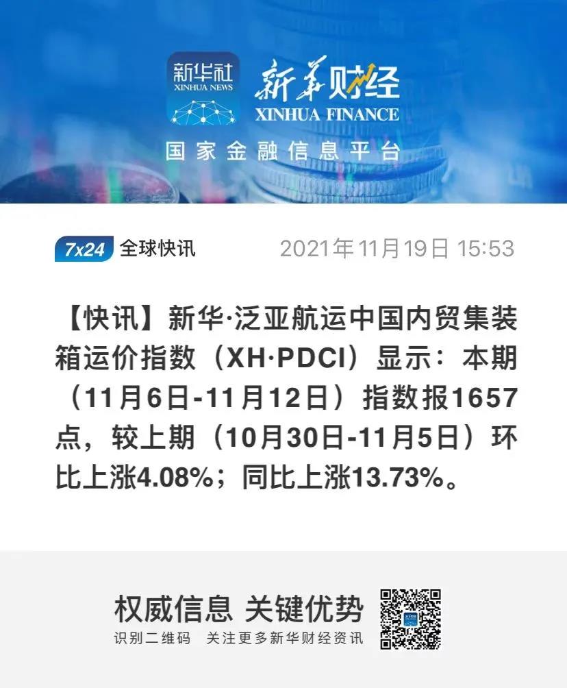 持续上涨！新华·泛亚航运中国内贸集装箱运价指数（XH·PDCI）2021年11月6日至11月12日