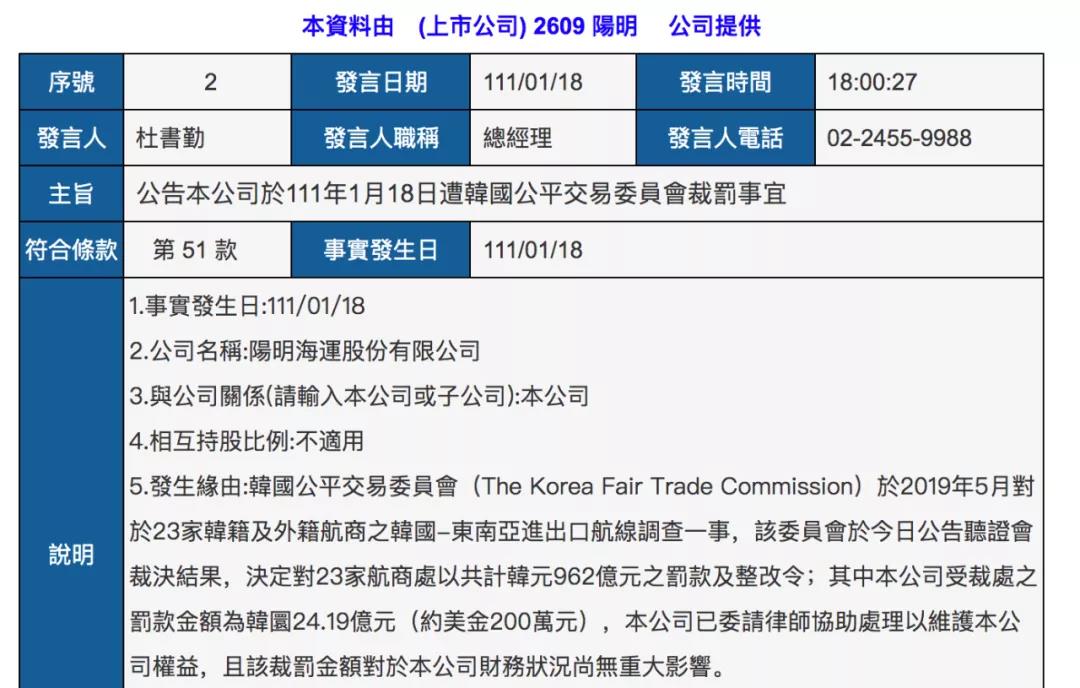 万海、长荣、阳明回应遭韩国处罚，阳明考虑上诉