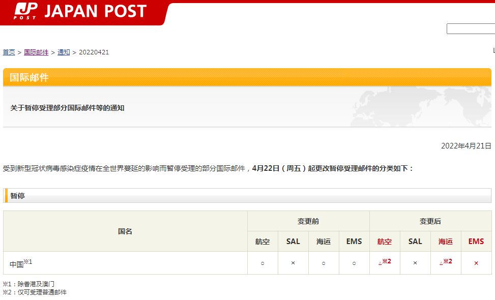 【空运】日本邮政暂停至中国的EMS、航空及海运包裹服务；联邦快递恢复部分华东地区进口服务​