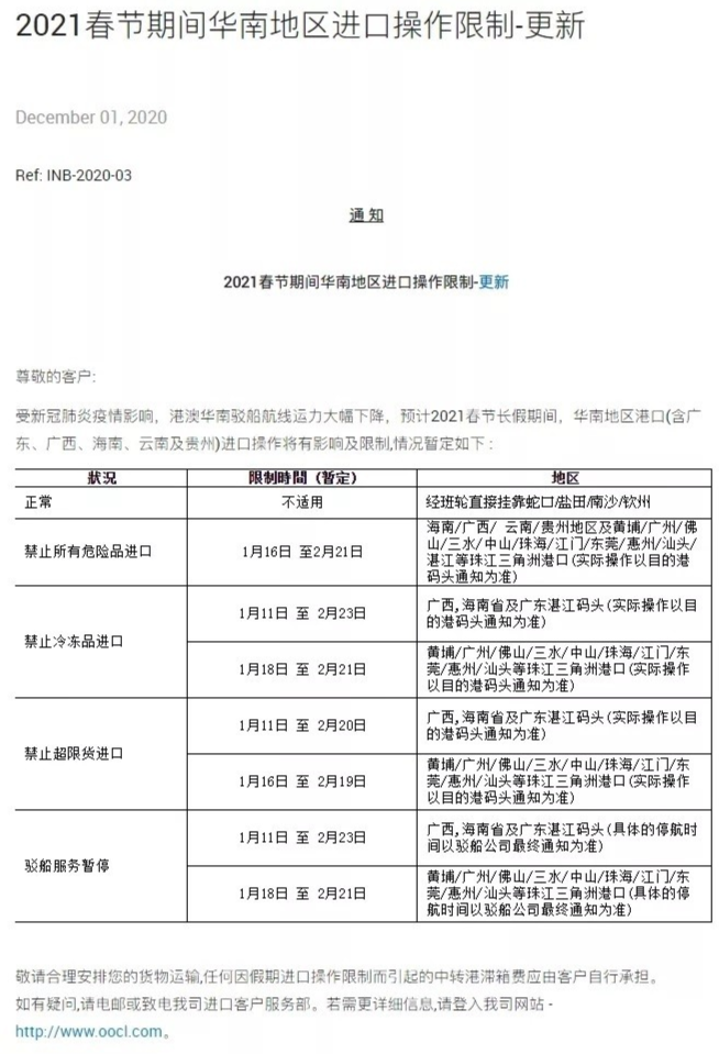 中远海春节免箱期通知！港口春节免箱期也来了！船东春节停止接收运往华南货物