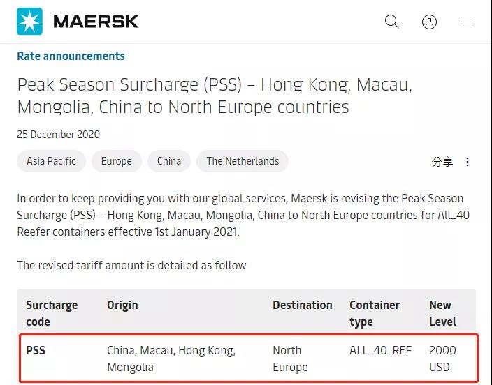 马士基对中国至北欧冷箱征收2000美元附加费，多家船公司收取新一轮附加费